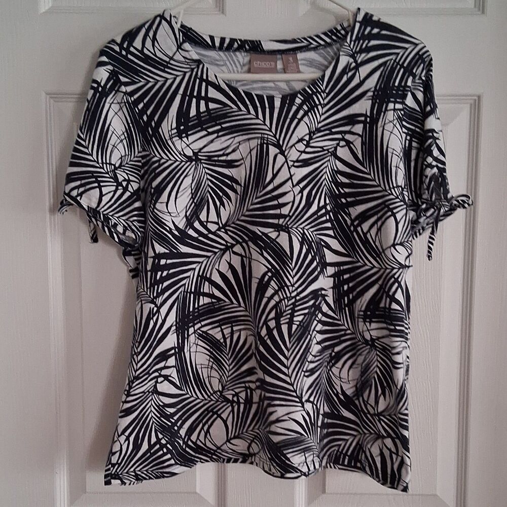 Chico's Size 3 Black White Leaf Print 100% Cotton Tie Sleeve Knit Blouse